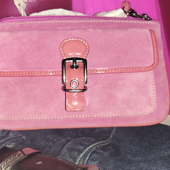 Coach Handbags - Coach Pink Suede Wristlet with Patent Trim New Never Been Used